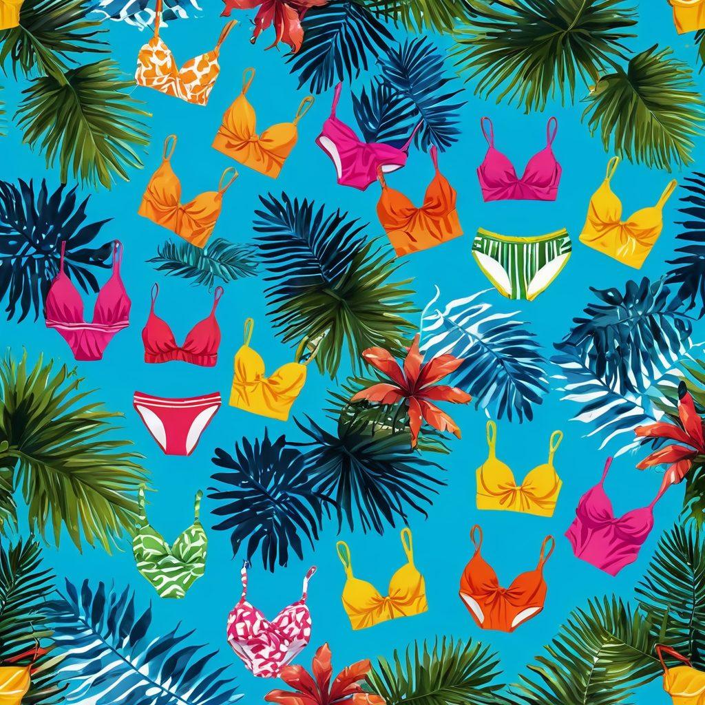 A vibrant summer scene featuring an array of stylish swimwear displayed on colorful beach towels under a bright sun. Add tropical palm trees swaying in the background, and a refreshing blue ocean in the distance. Include price tags with unbeatable pricing on each swimsuit to convey great deals. Ensure the setting feels fun and inviting. vibrant colors. super-realistic. summer vibes.