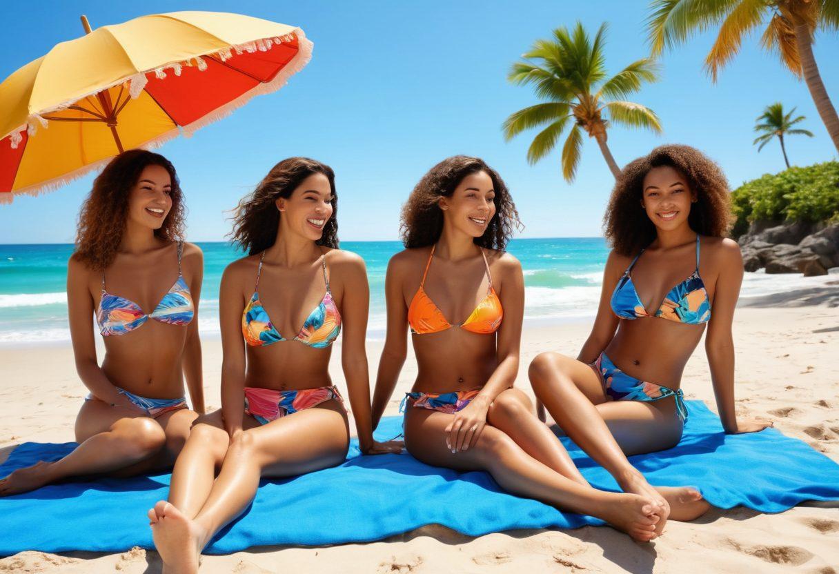 A vibrant beach scene featuring a diverse group of friends showcasing fashionable two-piece swimwear and budget-friendly bikinis. The sun is shining bright, with colorful beach umbrellas and towels scattered around, while playful waves gently lap at the shore. Incorporate tropical elements like palm trees and a clear blue sky to evoke a feeling of summer fun and relaxation. super-realistic. vibrant colors. cheerful atmosphere.
