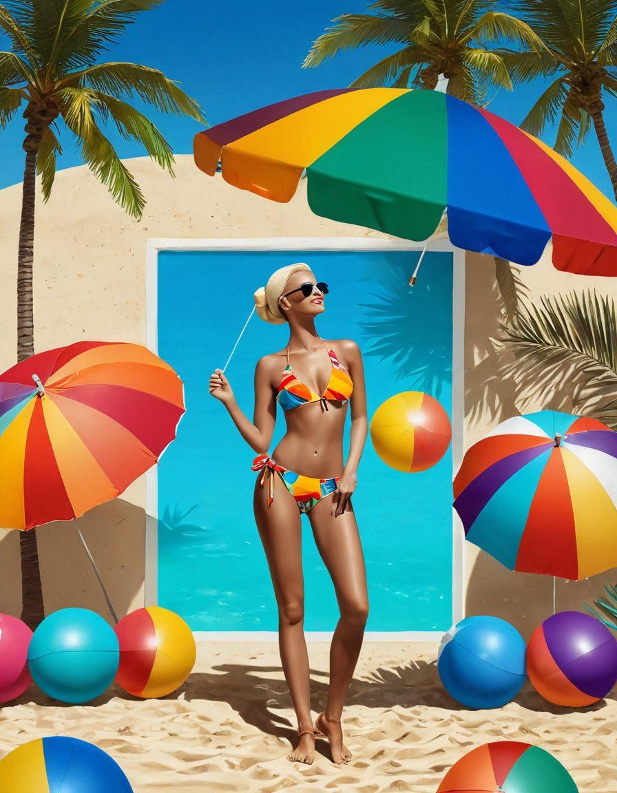A vibrant beach scene featuring a stylish mannequin dressed in attractive, affordable two-piece swimwear next to a colorful beach umbrella. Include tags like 'Exclusive Discounts' floating above in playful typography. Surround with palm trees, beach balls, and sunbathers enjoying a sunny day, capturing the essence of summer fun. vector art. vibrant colors. sunny background.